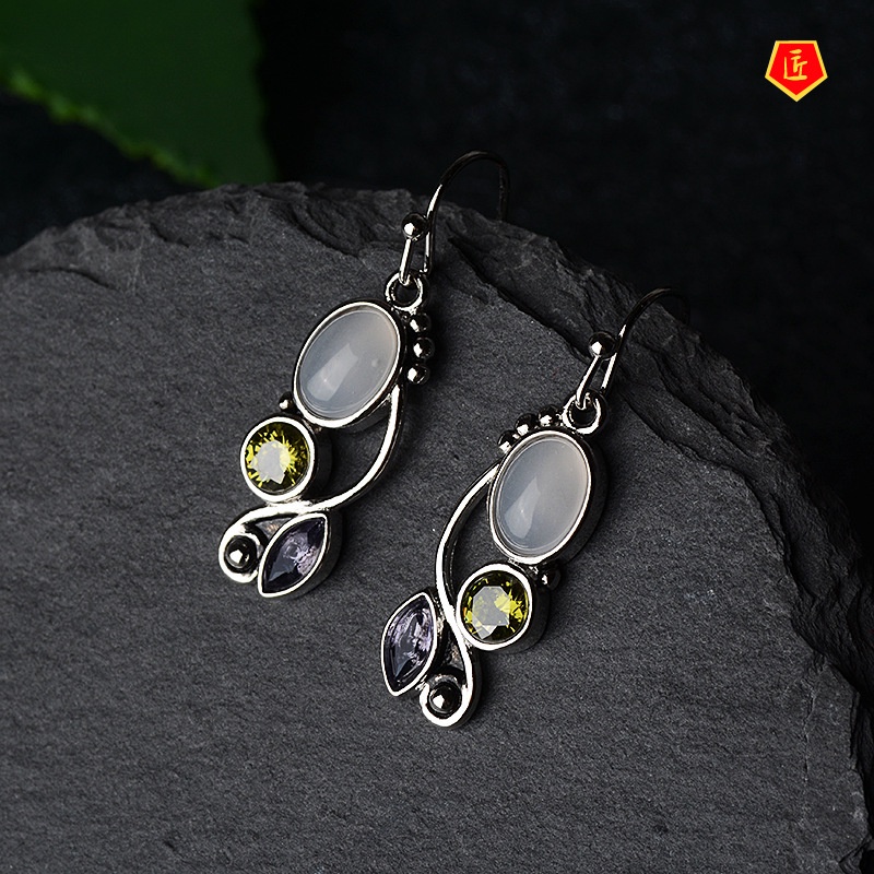 [Ready Stock]Fashion Elegant 925 Silver Moonstone Colored Gems Earrings