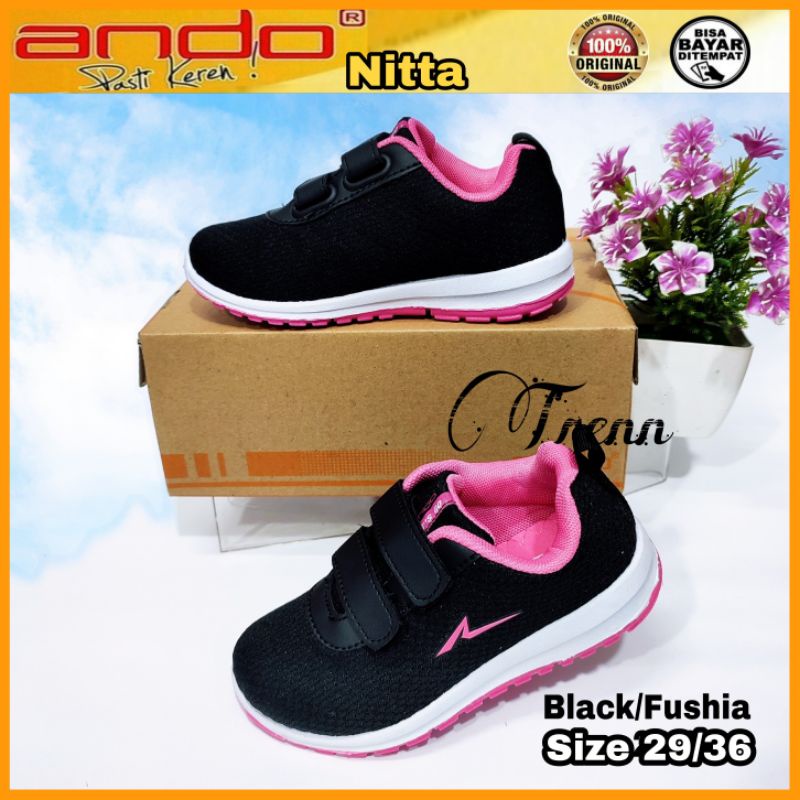 Sepatu Sekolah Anak Perempuan Ando Nitta V Trendy Anti Slip Hitam Pink Fashion Size 29-36