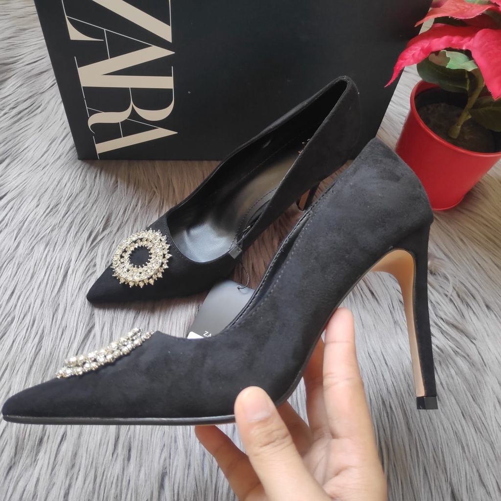 SEPATU WANITA ZS-3529 JEWEL TRIM HEELED SHOES HEELS 9 CM BLACK