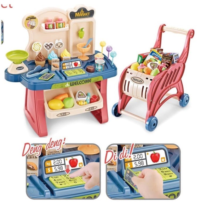 G54h Mainan Fun 2 In 1 Market Play Set With Trolley No.668-42 Re30E1604GH