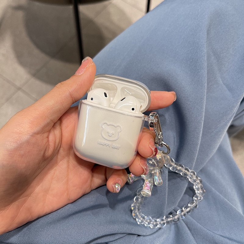 Soft Case TPU Transparan Motif Kartun Beruang Putih Dengan Rantai Untuk Apple Airpods 1 2 Pro 3 Bluetooth Earphone