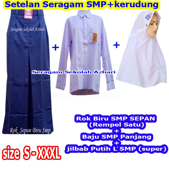 SETELAN SERAGAM SMP SEPAN BIRU PUTIH WANITA LENGKAP+KERUDUNG-Seragam SMP-Seragam Sekolah