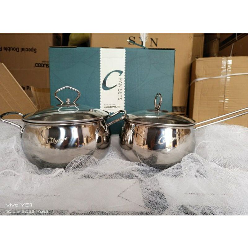 CALYPSO 3pcs Panci Set Stainless Steel Tutup Kaca & 2pcs Cookware Panci Set Susun 2 & 3
