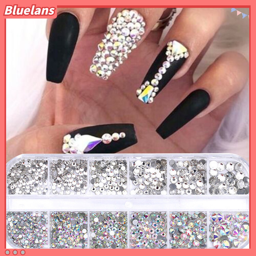 Bluelans 12 Grids Glitter Berlian Imitasi Transparan Campuran Untuk Dekorasi Manicure