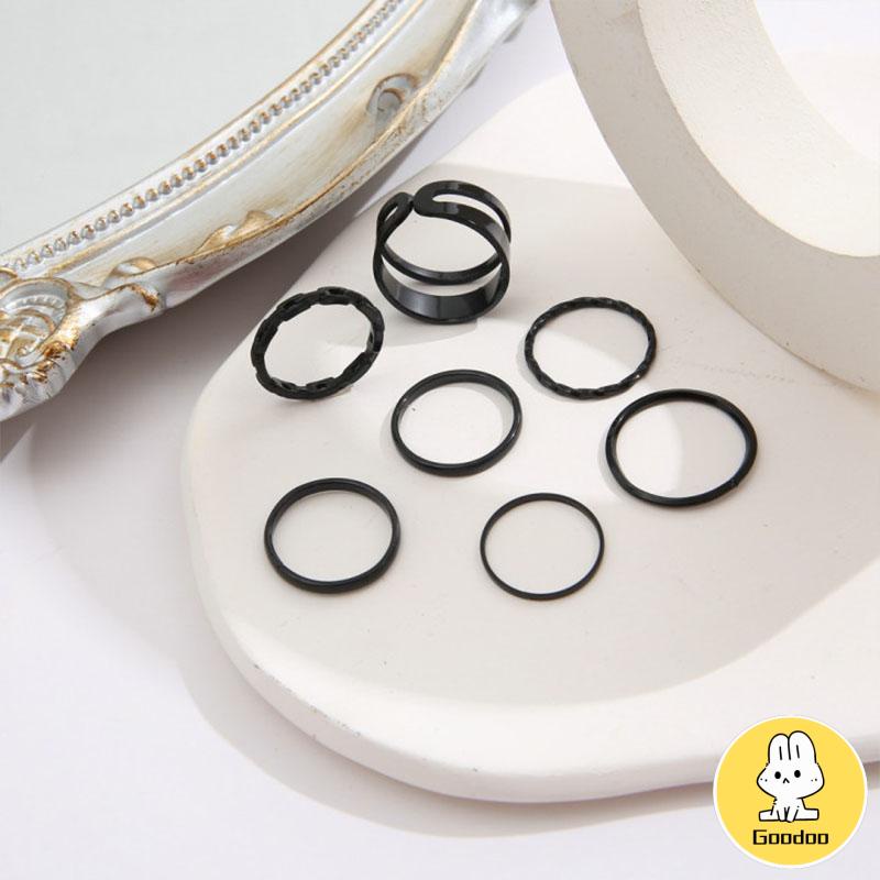 7pcs Cincin Korea Hitam Gaya Punk Aesthetic Cincin Titanium Pria Keren Untuk Wanita Ring Jewelry -Doo