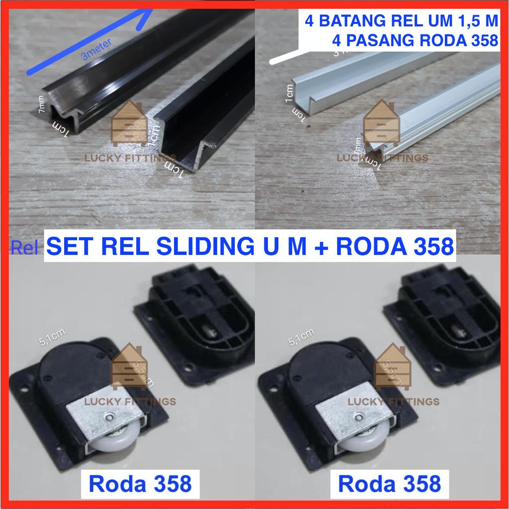 SET Rel U M + Roda 358 Pintu Lemari Sliding 1,5 M X 4 / Kayu Baju Geser SD3141