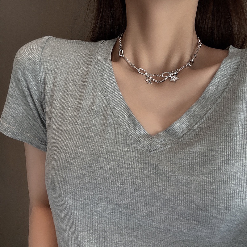Kalung Rantai Choker Liontin Bintang Aksen Kristal Warna Silver Untuk Wanita