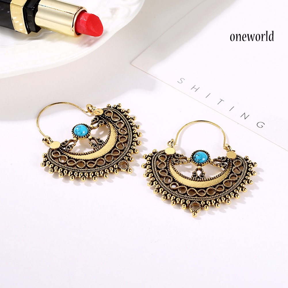 OW@ Ethnic Hollow Pattern Artificial Turquoise Chandelier Dangle Earrings Women Gift