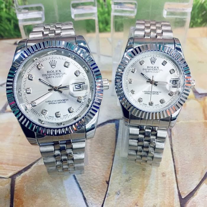 Original BISA COD / Jam Tangan Analog Couple ROLEX Fitur Tanggal Aktif Strap Rantai Free Box