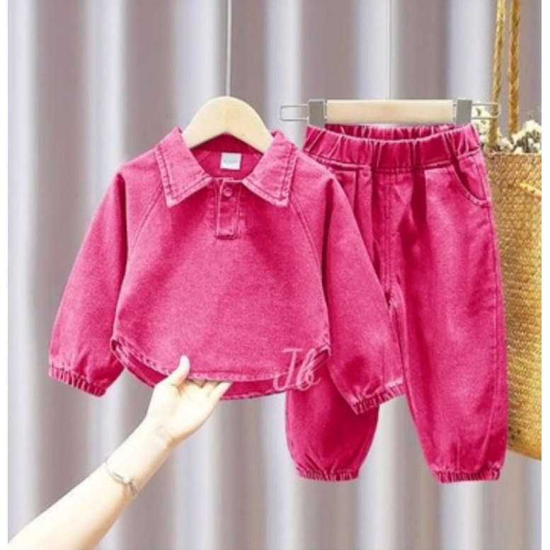 A398 Setelan Denim Anak Perempuan, Setelan Anak perempuan, Setelan Baju Anak Kecil