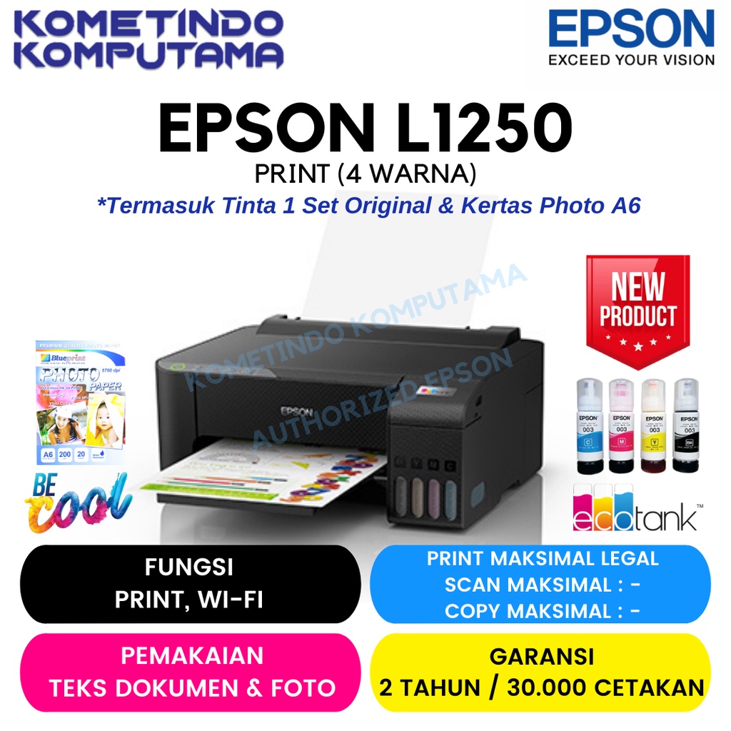 Epson EcoTank L1250 A4 Wi-Fi Ink Tank Printer 100% GARANSI RESMI