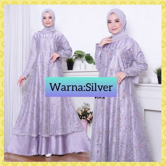 baju gamis muslim premium wanita dress tile mewah lebaran maxi silver