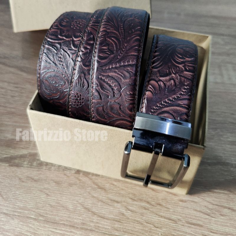 sabuk pria elegant motif batik kulit sapi