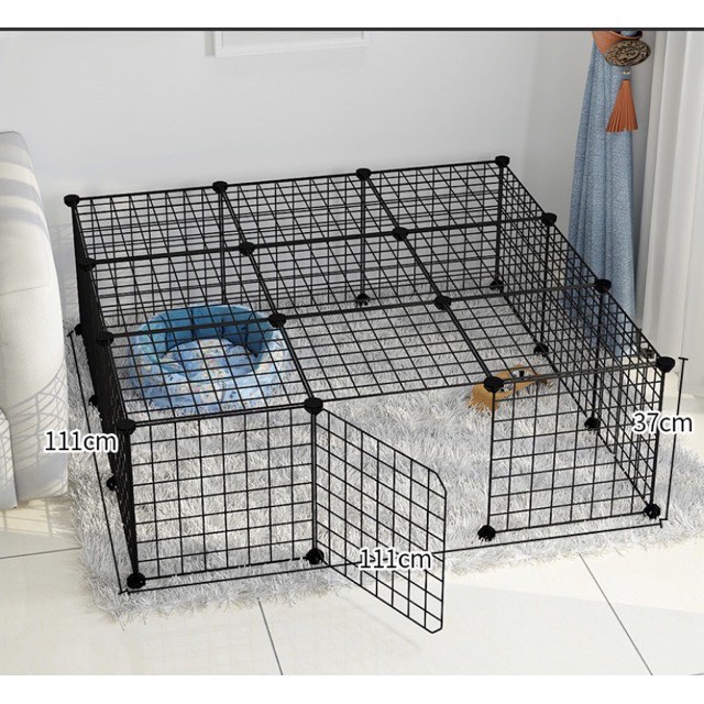 Gratis（Palu konektor stiker tali kunci）DIY Kandang pagar/Kandang Besi Lipat -Kucing Anjing Kelinci Kura-Kura Hamster Pagar Rak Penyimpanan-Hitam12PCS ada pintu