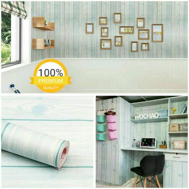 Grosir murah walpaper Stiker dinding motif kayu garis garis biru yang cantik bagus dan elegan