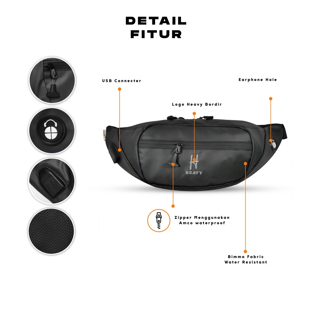 Tas Selempang Pria Heavy - Waistbag Waterproof Obelix Series USB flash | Tas Pinggang Pria Casual