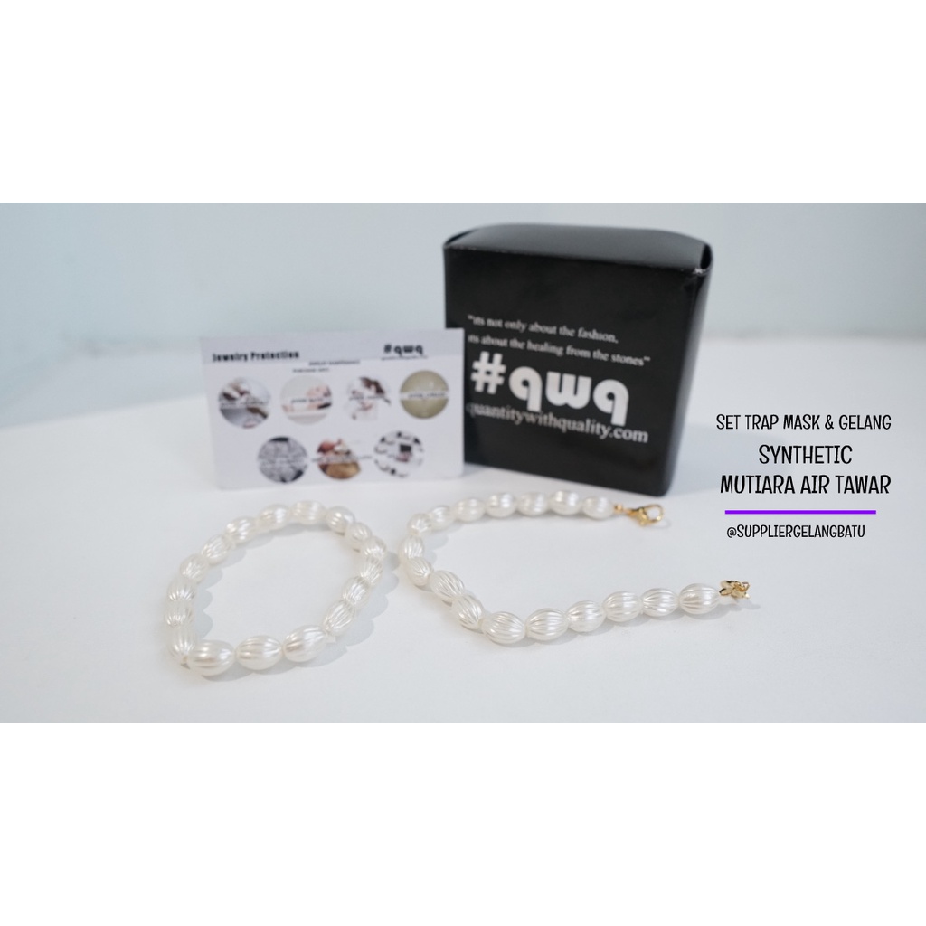 1 set STRAP MASK dan GELANG Mutiara Sintetis OVAL ULIR 10MM WHITE mote