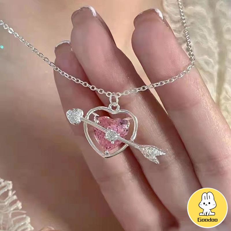 Perhiasan Kalung Korea Bentuk Panah Hati Aksen Berlian Warna Pink Untuk Hadiah Ulang Tahun Aksesoris untuk wanita-Doo