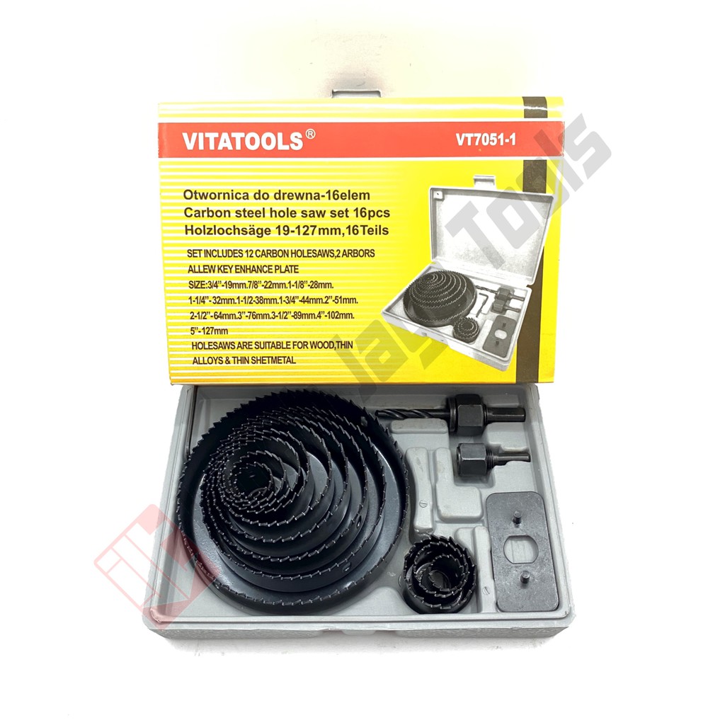 VITATOOLS Hole Saw Kit 16 Pcs - Holesaw Set Kit Mata Bor Kayu Pelubang