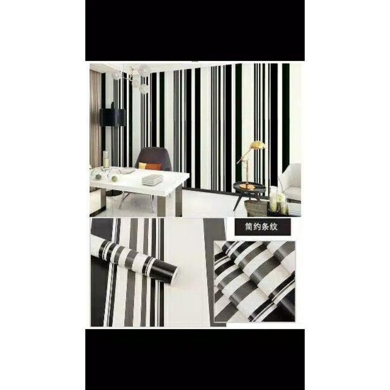 Wallpaper Stiker Dinding Motif Garis Hitam Putih 10m x 45cm