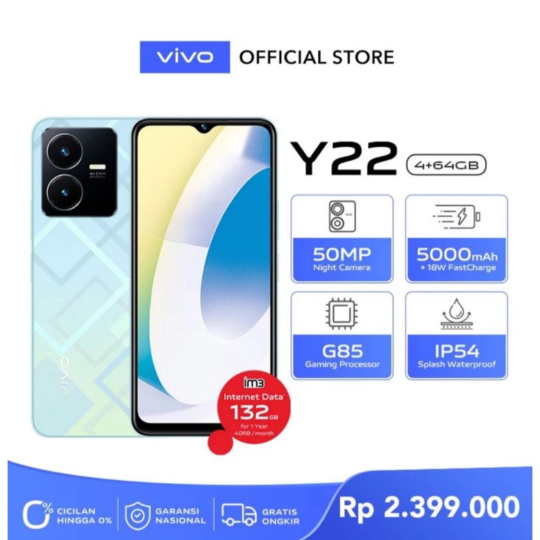 VIVO Y22 4/64 GB Helio G85.Camera 50MP GARANSI RESMI - VIVO Y22 RAM 4GB+64GB