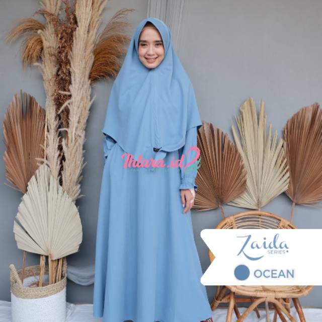 Setelan Gamis Dress Jilbab Hijab Khimar Syari Muslimah Jumbo Bigsize Biru Pastel Bahan Tory Burch