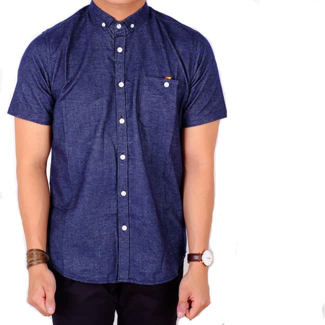 kemeja denim pendek pocket stripes blue / baju cowok denim jeans