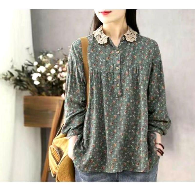 9870 Atasan Baju blus kemeja lengan panjang kerah kancing depan motif bunga kecil santai pantai pest