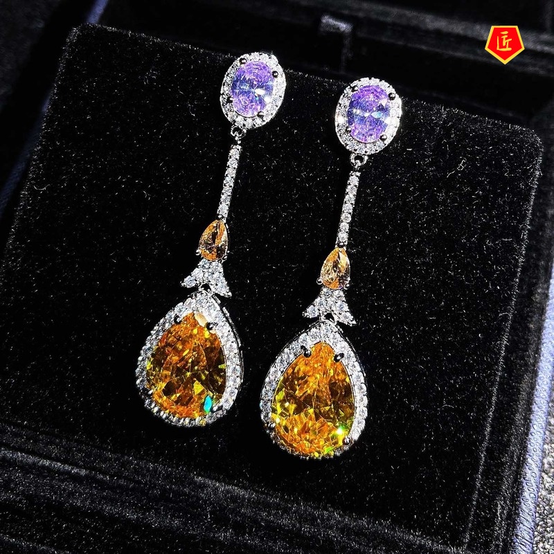 [Ready Stock]Fashion Colored Gems Champagne Diamond Morganite Earrings