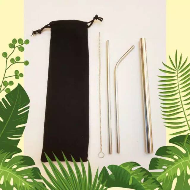 (NCS) 1 Set 5 in 1 Reusable Sedotan Stainless Steel Drinking Straw Sikat Pouch Kantung Stainles