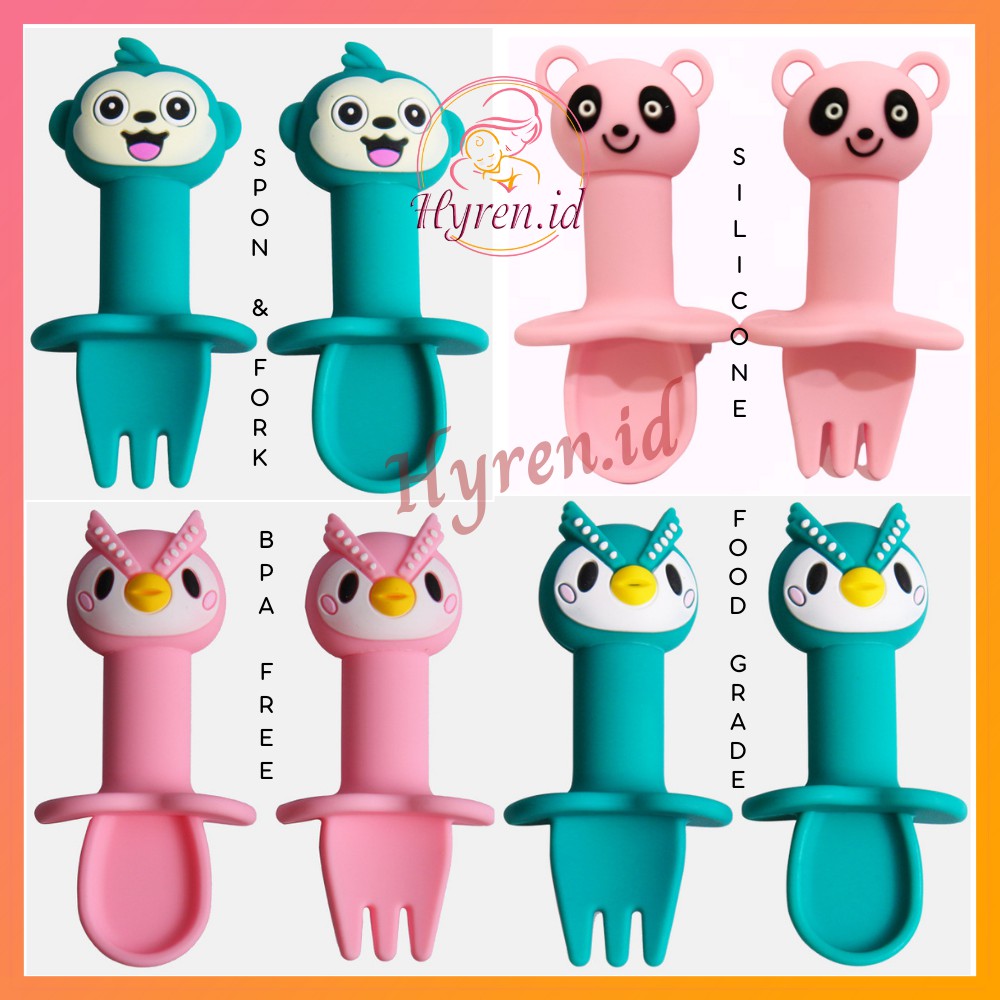 Hyren.id Sendok Garpu Makan Silikon Bayi Premium BPA FREE Baby Spoon Fork Set Silicone Karakter Kartun Lucu Green Pink Import Murah Peralatan Makan