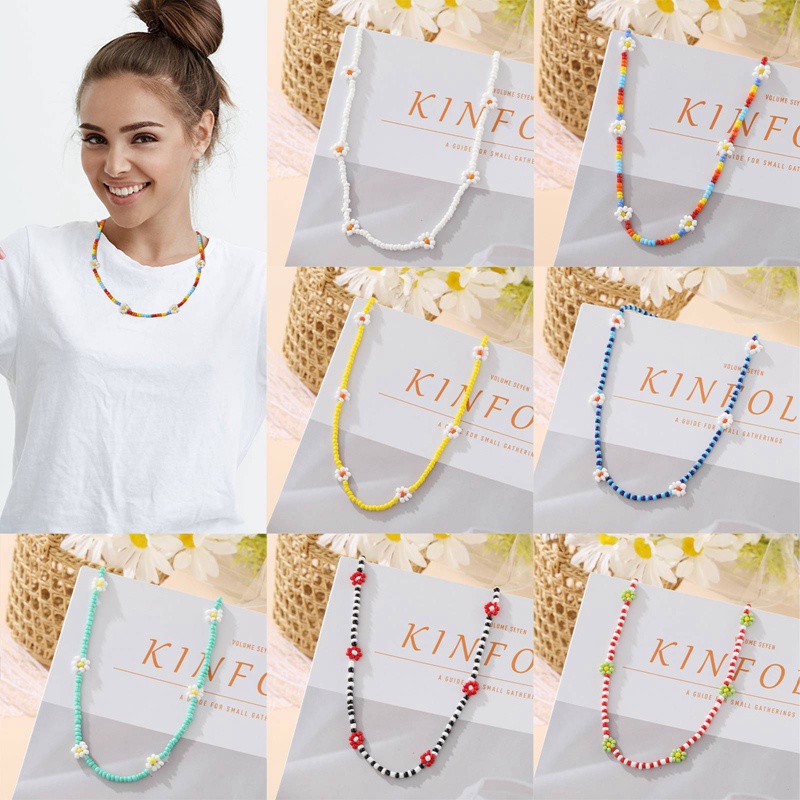 Kalung Choker Manik-Manik Bunga Aster Handmade Warna-Warni Gaya Boho Korea Untuk Wanita