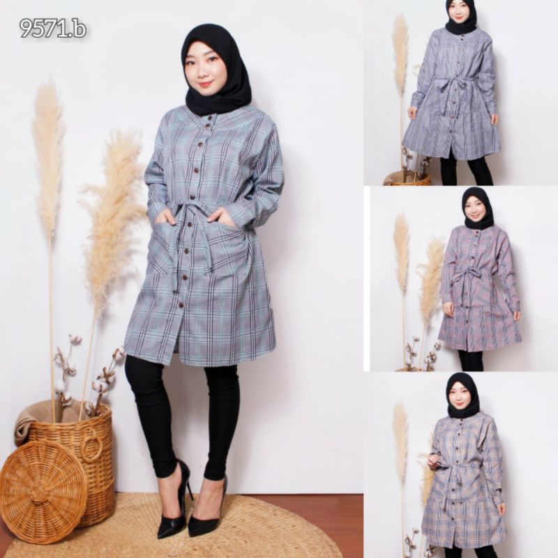 tunik Amira tali ikat pinggang motif kotak ld 110cm jmfashion788