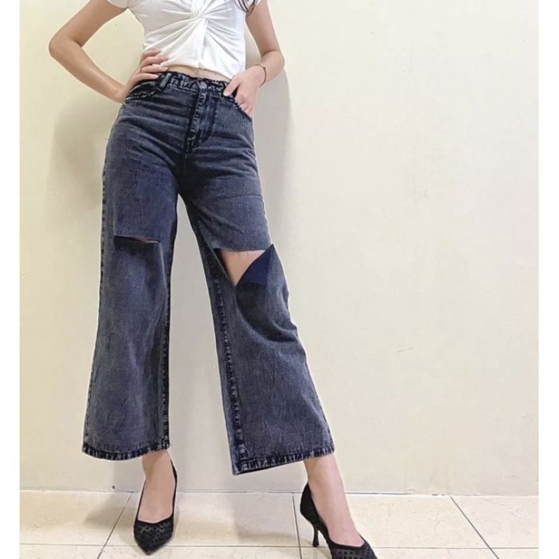 Celana Panjang Jeans Wanita Kulot Sobek Highwaist Loose Ripped Jumbo 27-34