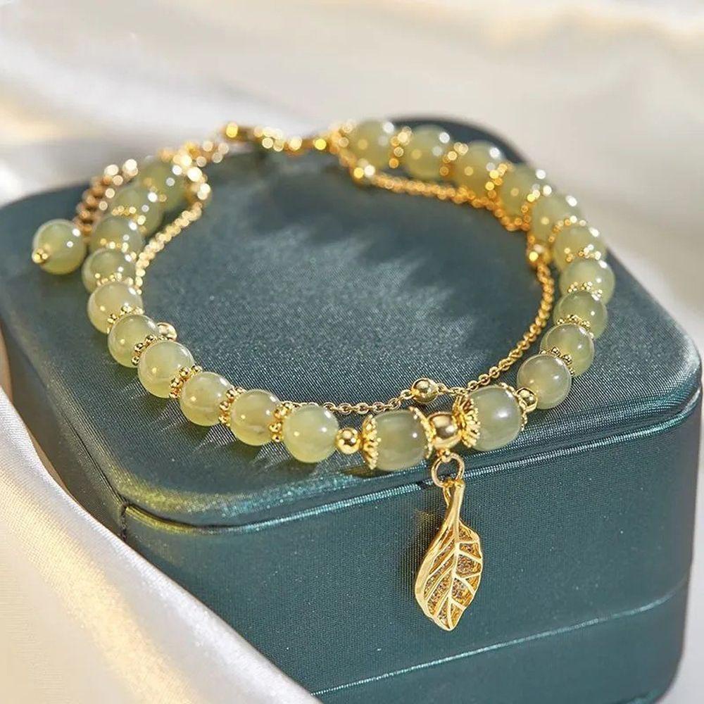 Gelang Rantai Giok Handmade Lapisan Ganda Bentuk Daun Tulip Aprikot Bahan Alloy Gaya Korea