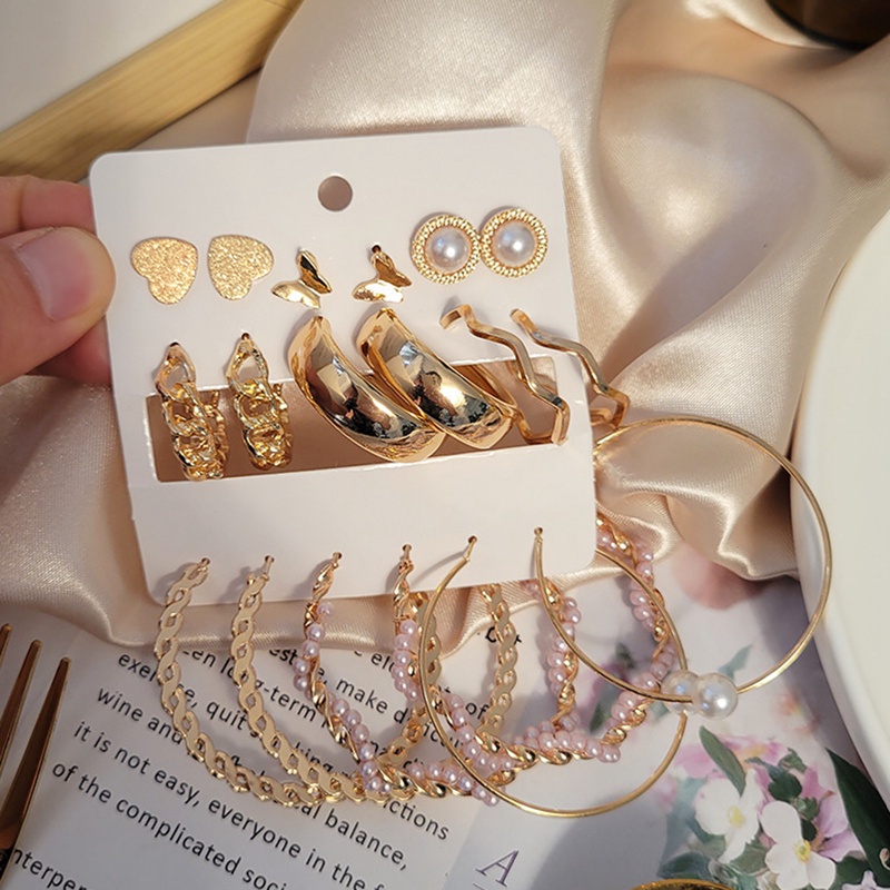 Fancyqube 9 Pasang / Set Anting Stud Desain Bunga Kristal Mutiara Rumbai Oversized Gaya Vintage