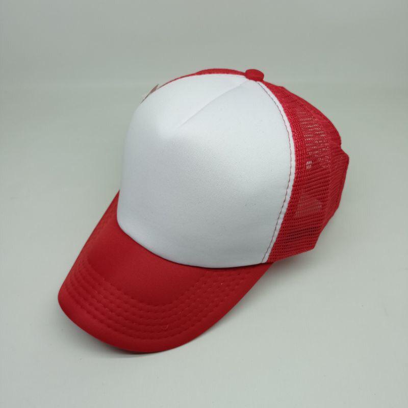 Topi Jaring Trucker Merah Putih Merah Polos Dewasa Premium Topikupolos
