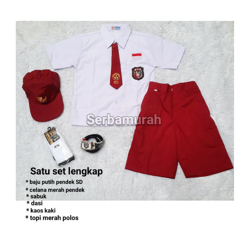 Setelan seragam sekolah sd baju pendek celana pendek set lengkap sedelan merah putih laki-laki