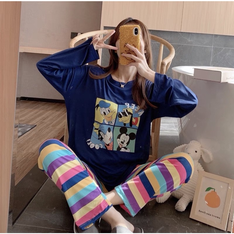 JC- Stelan Import Oversize Premium PP / Stelan piyama import Panjang  / piyama Korea Bigsize Import-Disney Friend NavyPP