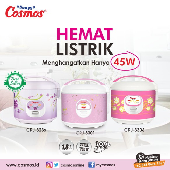 Cosmos CRJ3301 Rice Cooker / Magic Com 1.8 Liter 3 in 1 Bonus Gelas Ukur dan Sendok Nasi