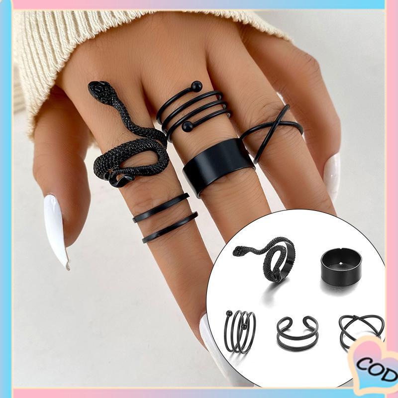 COD❤️ 5PCS kreatif ms. Jane cincin wanita menggabungkan cincin ular hitam geometri-A.one