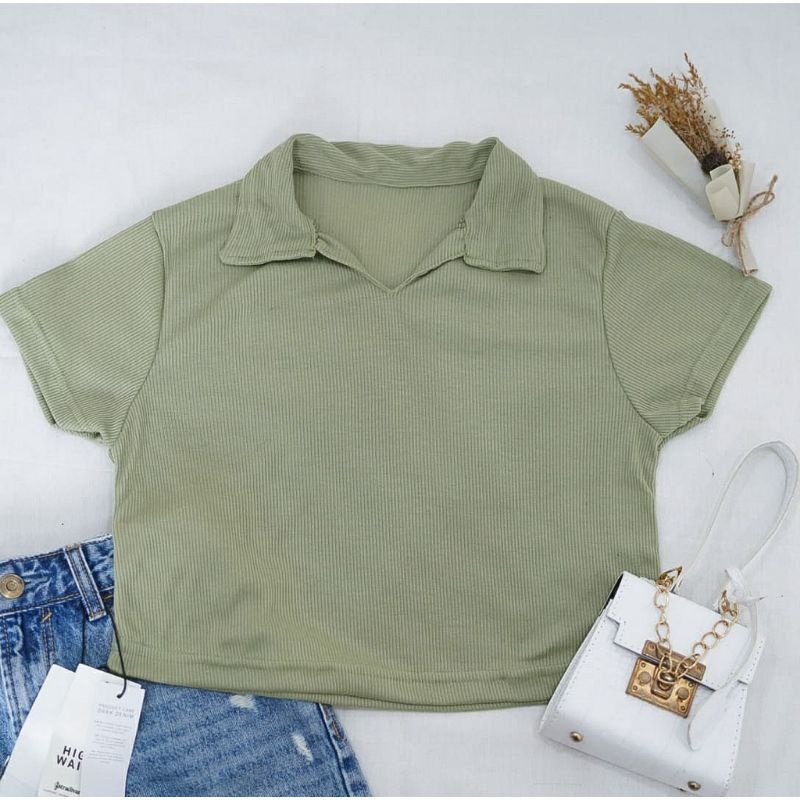 STF RIB V NECK KERAH CROP JISA CROP TOP KERAH POLO
