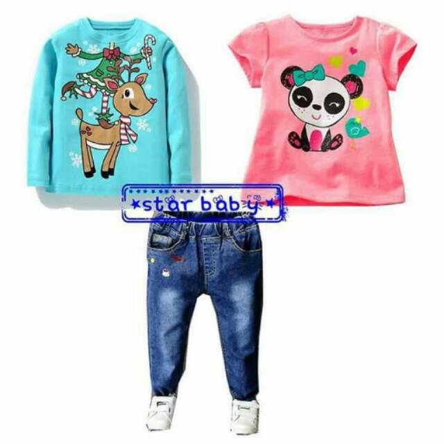 Setelan Anak Cewek Love Bear And Rudolph Set 3in 1 (baju 2pcs,celana)