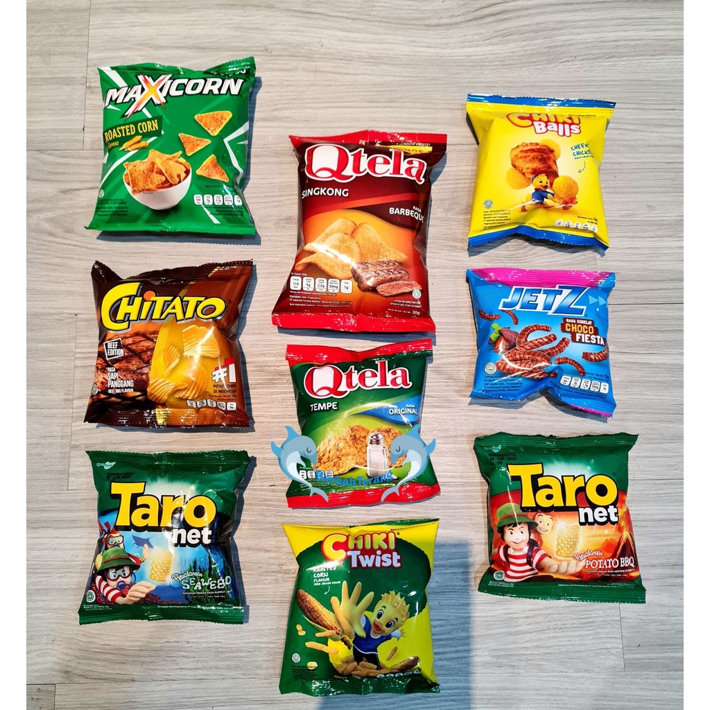 

Chitato, Jetz, Cheetos, Chiki Balls, Lays, Oops, Qtela, Taro, Chuba, Maxicorn, Piatos, Chiki Twist, Ketagi, Go Crunchy Ball, Go Star Balado Cemilan Jadoel, Snack Jadoel