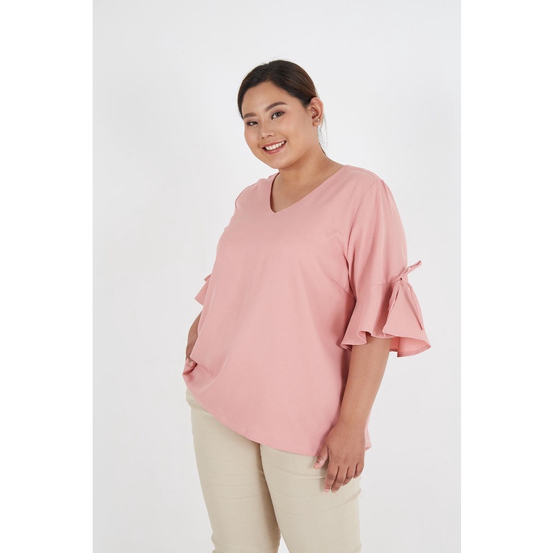Sorabel - Dassara Plain Ribbon Blouse Big Size / Blouse Wanita V Neck Jumbo Lengan 3/4-Pink