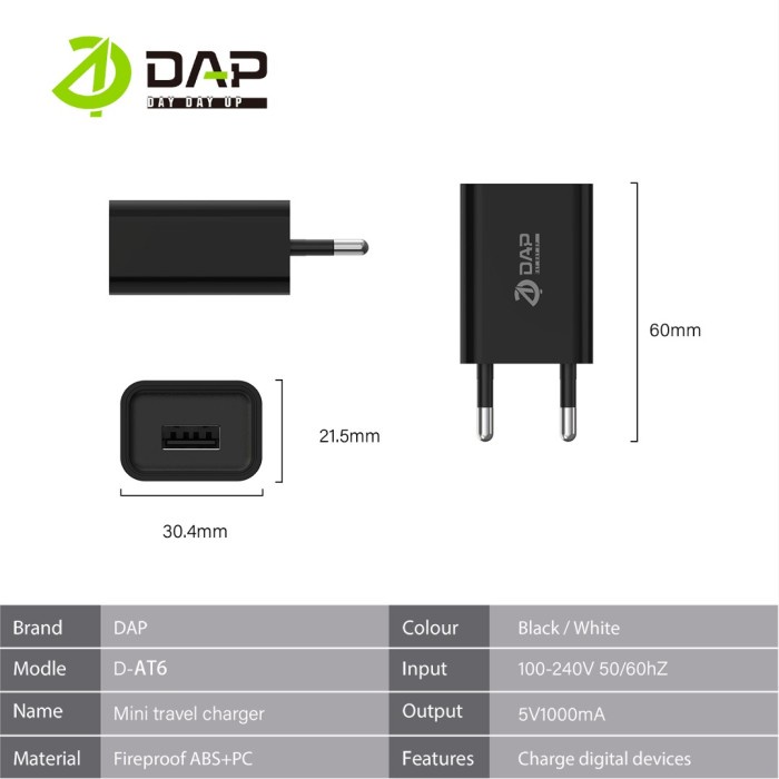 DAP D-AT6 Adaptor Charger 1 Port USB 1A - ISI 30 per Toples -