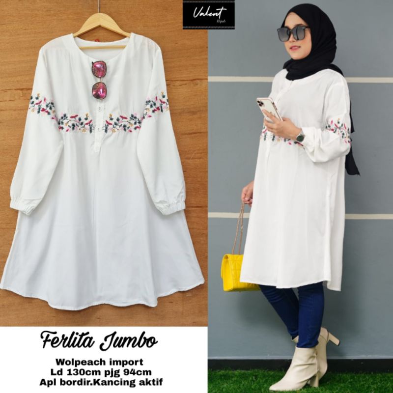 Tunik Wanita Kekinian Putih Polos Ferlita Jumbo