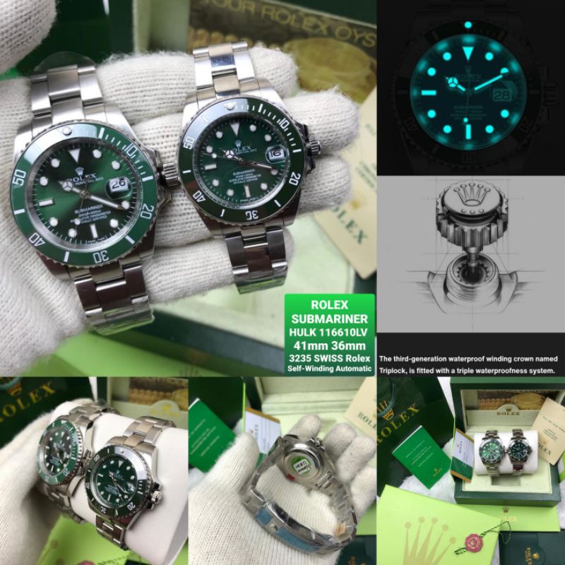 Jam Tangan Couple ROLEX Submariner HULK 116610LV 41mm 36mm SWISS Rolex Self-winding Automatic