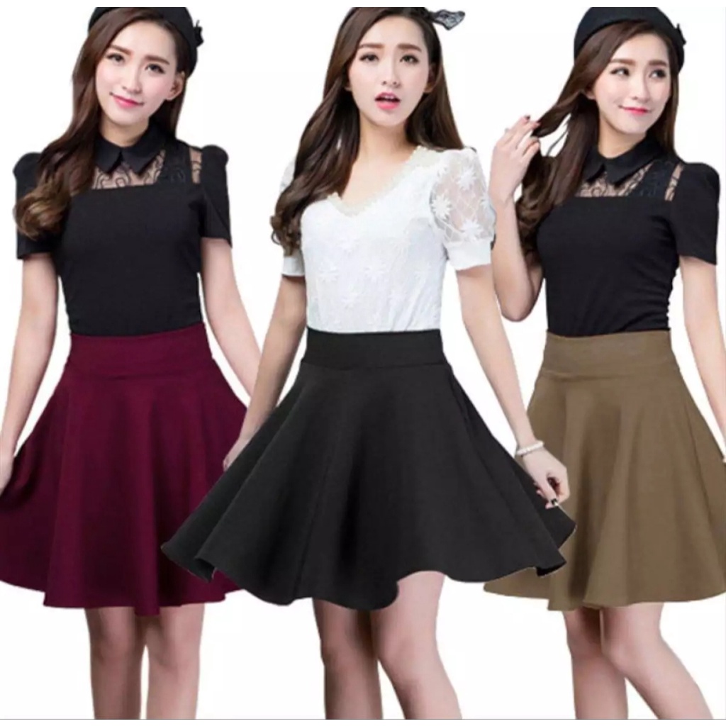 ROK PENDEK POLOS MIDI FLARE SKIRT SCUBA / ROK PENDEK MAYUNG BAHAN SCUBA / ROK HITAM