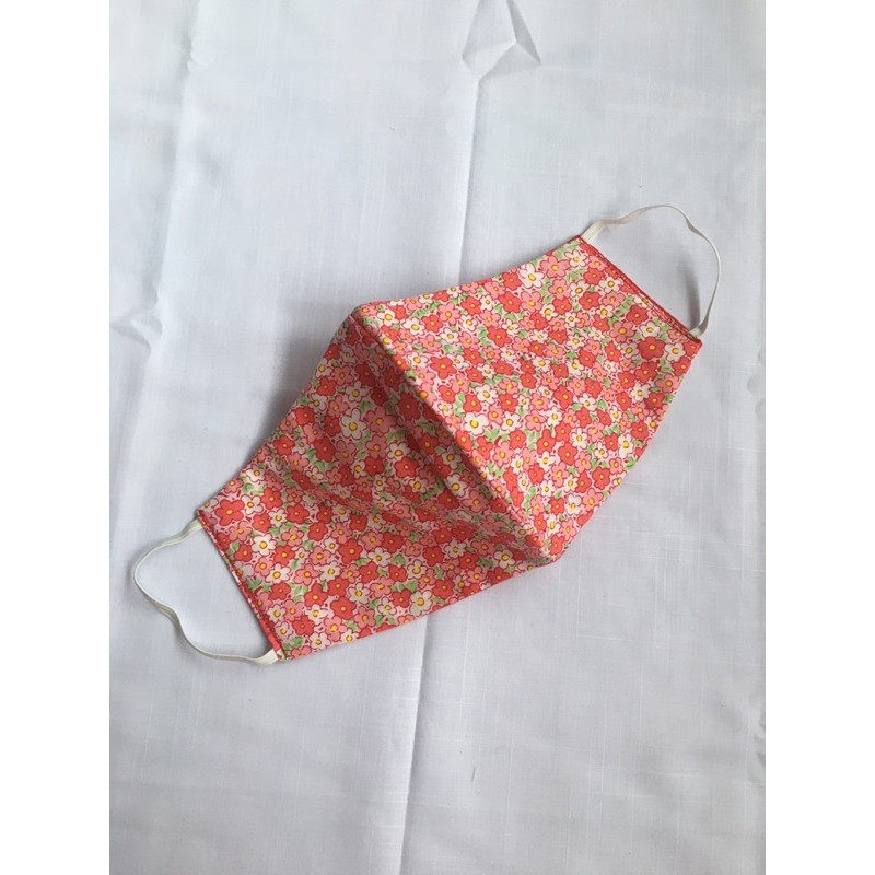 Masker kain katun 3ply motif bunga pink merah